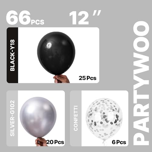 PartyWoo Black and Silver Balloons 66pcs 12 Inch Black Silver Balloons - color: Black-3323