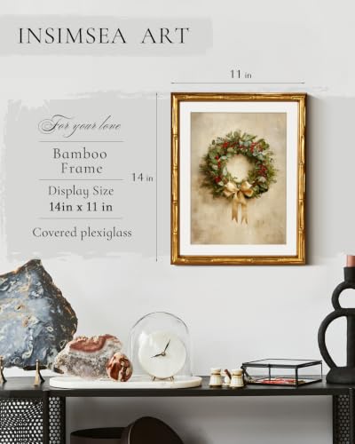 InSimSea Gold Bamboo Framed Christmas Wall Art, Retro Berry Wreath, 11x14In - color: Christmas Berry Wreath