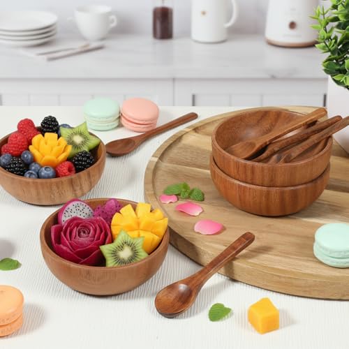 4 Pack Acacia Wooden Bowl with 4 Pcs Spoon 2.5 oz Wooden Dipping Bowls Round Wood Salad Hand Carved Calabash Dip Tray for Condiments, Jam, Nuts, Appetizer, Snack, Yogurt, Ketchup, Barbecue (3.9 Inch) - size: 3.9 Inch