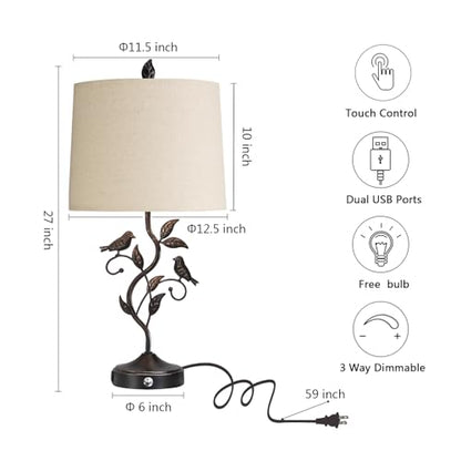 27" Touch Farmhouse Bird Table Lamps for Living Room with 2 USB C+A Ports - color: 1 Pack-‎Bronze