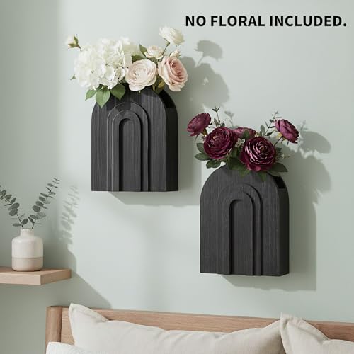 2 Pack Black Wooden Wall Vase for Pampas Grass and Dried Flowers - color: Black-black