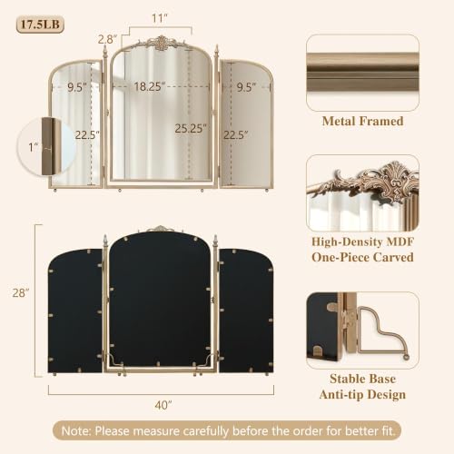 Besdomus Gold Vanity Trifold Mirror: 40"x28" Vintage Arch Three Way Mirrors - color: Champagne Gold, size: 28"L x 40"W