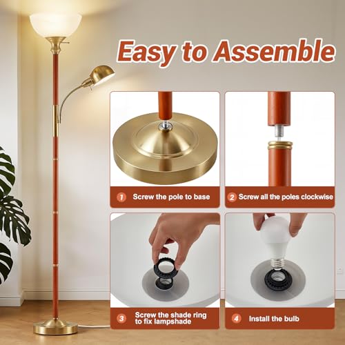 EJIAXIN 72" Wood Torchiere Floor Lamp with Glass Shade Gold Standing Lamp - color: Wood Color
