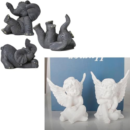 Set of 3 Grey Resin Small Elephant Statues and Set of 2 Cherub Angels Statue Figurine