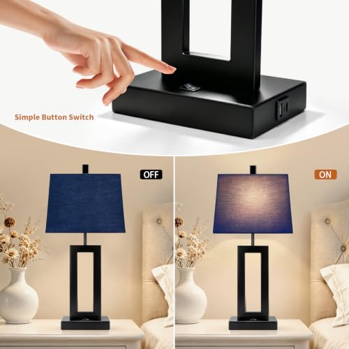 Cinkeda Blue Bedside Table Lamp Set of 2, Nightstand Lamps with USB Ports - color: E.Blue&Black