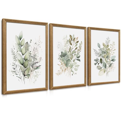 WRFON Framed Sage Green Botanical Wall Art Set of 3, Watercolor Eucalyptus & Wild Plant Canvas Prints, Minimalist Green Wall Decor for Living Room Bedroom Bathroom, 24x36 Inches - color: Sage Green(Framed), size: 36"L x 24"W