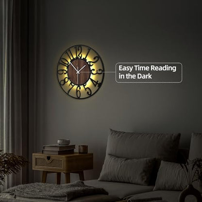 20" Silent Wall Clock – Adjustable Night Light, Battery Operated - color: Black Walnut - Arabic Numerals, size: 20 inch(50 cm)