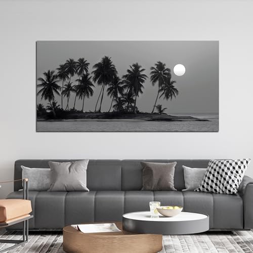 Black and White Wall Art Coastal Landscape Ocean Tree Artwork 29"x58" - size: 29"L x 58"W