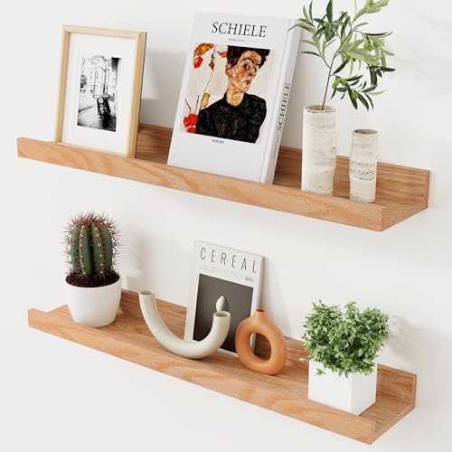 Axeman Oak Picture Ledge Shelf, 24 Inch Floating Shelves Set of 2, Solid Oak Wood Wall Shelves with Lip, Wall Decor Storage for Bedroom Living Room Bathroom Kitchen Nursery Photo Picture, Natural Oak - color: Nature, size: 24inch