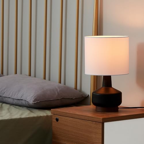Globe Electric 15" Ceramic Table Lamp, Matte Black Base, Wood-Toned Accent, White Linen Shade, Dual Rotary Switch, Modern Bedroom or Office Lighting, 61000046 - color: Black
