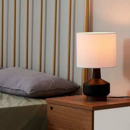 Globe Electric 15" Ceramic Table Lamp, Matte Black Base, Wood-Toned Accent, White Linen Shade, Dual Rotary Switch, Modern Bedroom or Office Lighting, 61000046 - color: Black
