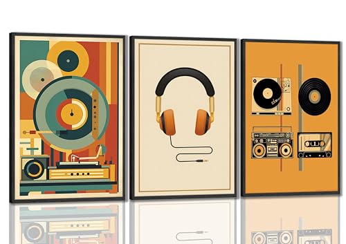 3Pcs Vintage Music Canvas Wall Art MidCentury Modern Vinyl Turntable Painting Picture Wall Decor Geometric Music Bar Rock Music Lovers Poster Print Artwork For Recording Studio Club Home Decoration - color: Framed, size: 24"L x 16"W