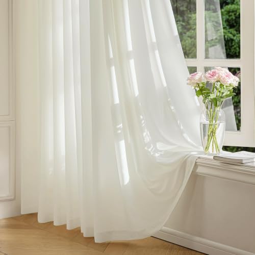 FMFUNCTEX Cream Sheer Curtains, 108 Inch, Rod Pocket, 2 Panels for Bedroom - color: Warm Cream, size: 52"W x 108"L (Pack of 2)