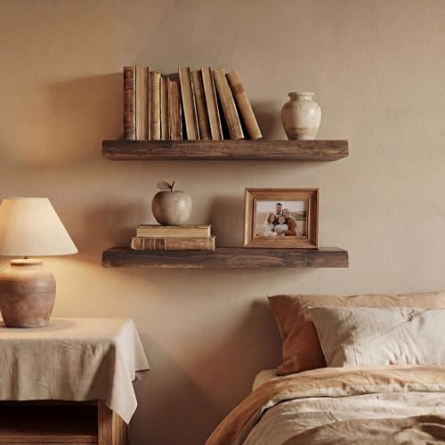 24 Inch Live Edge Floating Shelves, Solid Elm Wood Shelf, Set of 2 - color: Vintage Weathered, size: 24 Inch | 2 Pack