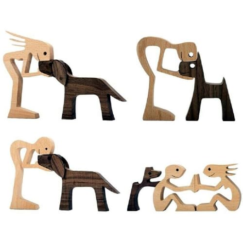 Unique Gift Hand Carved Wood Human Statue Figurine Sculpture Home Office Decor, Wooden Man Dog Carving Model to Remember Friendship Between Dog and People - color: B