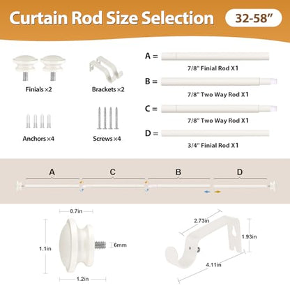 TONIAL Curtain Rods for Windows, 32 to 58 Inch, White, Single Drapery Rod - color: Warm White, size: 32-58"