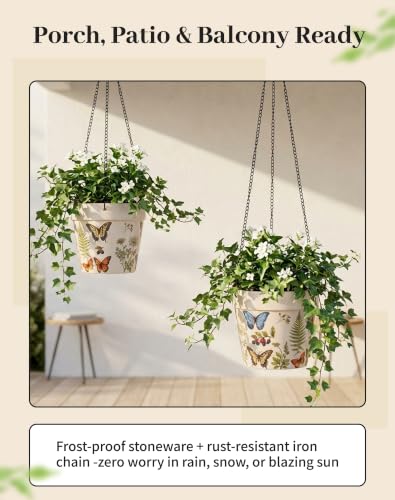 Stoneware Hanging Planters Set of 2,Large 7" + Small 5" - color: Set 2-butterfly Garden