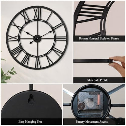Large Wall Clock 27.5 Inch, Roman Numerals, Battery Operated, Black
