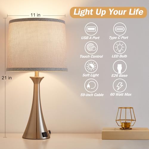 Touch Table Lamps Set of 2, 21" Bedside Lamps with USB C+A, Silver - color: Silver 2pcs