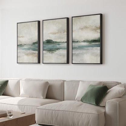 Framed Blue Green Abstract Landscape Wall Art, 3 Piece Set, Each 16x24 In - color: Tranquil Lakeview, size: 16" W x 24" H x 3pcs