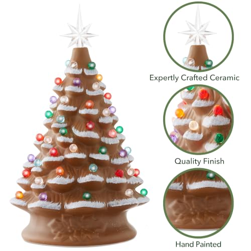 Casafield Hand Painted Ceramic Christmas Tree, Gingerbread 15-Inch Pre-Lit Tree with 128 Multi Color Lights, 2 Star Toppers - color: Brown