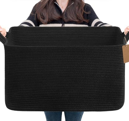 Goodpick 75L Extra Large Woven Rope Blanket Basket, Rectangle, Black - color: Black, size: 22"L x 17"W x 12"H