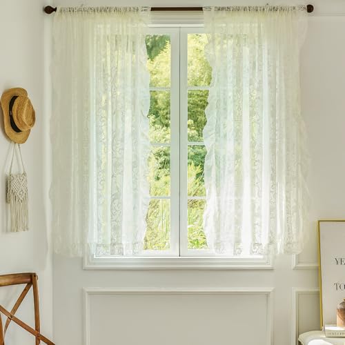 TUDECO Cream Short Lace Curtains 45 Inch Length, 2 Panles - color: Cream, size: 59"W x 45"L (Pack of 2)