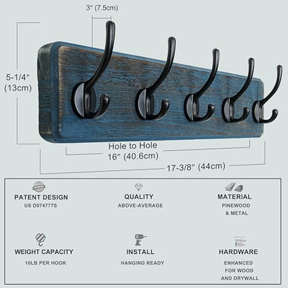Dseap Coat Rack Wall: Patented, Heavy-Duty, 5-Double-Hooks Wooden Wall Mounted Coat Rack Coat Hanger Hook Rail for Winter Coats Hat Jacket Clothing, Weathered Blue - color: Weathered Blue & Black, size: L=17.4" (1pcs)