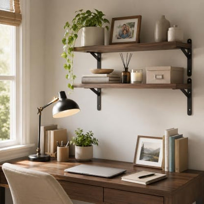 Walnut Floating Shelves Wall Mounted Set of 2, Heavy Duty Wood Wall Shelves with Reinforced Anti-Sag Brackets, Includes 12 Hollow Wall Anchors & Complete Installation Kit for Drywall & Concrete