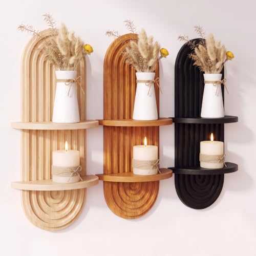 Pinkunn 3 Pcs Boho Floating Shelves for Wall, Wood Plant Shelf Set