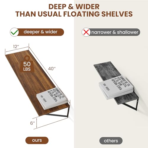 Heimlove 40W x 12D Deep Floating Shelves Set of 2 Walnut - color: Walnut With Black Metal Bracket, size: 40Wx12Dx5.8H