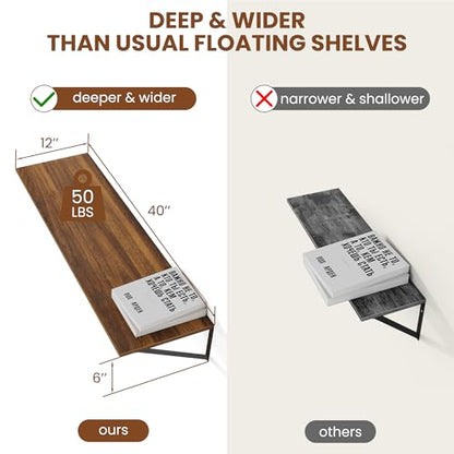 Heimlove 40W x 12D Deep Floating Shelves Set of 2 Walnut - color: Walnut With Black Metal Bracket, size: 40Wx12Dx5.8H