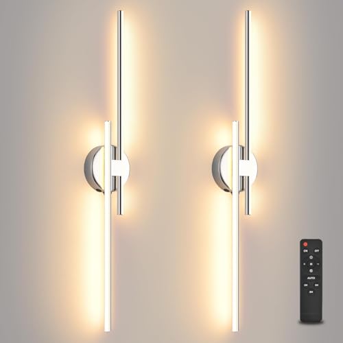 Wireless Battery Operated Wall Sconces with Remote, USB Rechargeable Led Wall Lights, 3000K-6000K Wireless wall sconces for Bedroom, Hallway, Living Room, Chrome 31.4" Wall Light Set of Two - color: Chrome, size: 31.4" 2-Pack
