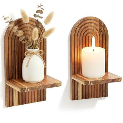 Set of 2 Acacia Wood Wall Candle Sconces, Boho Wall Decor