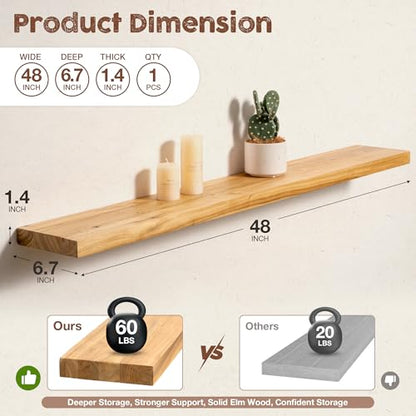 fuqing Floating Shelves for Wall, 48 Inch Rustic Solid Elm Wood Shelves - color: Natural Elm Flat Edge - 6.7"d, size: 48"L - 1Pack