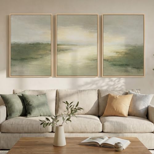 Large Framed Sage Green Abstract Landscape Wall Art for Living Room, 24x36 - color: Geen B, size: 24" W x 36" H x 3pcs