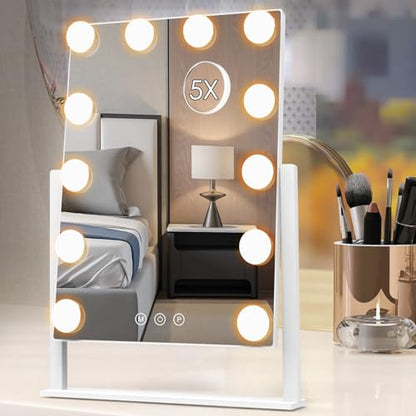 Dirket Vanity Mirror with Lights, Hollywood Lighted Makeup Mirror with 3 Color Lighting Modes and 12 Dimmable Bulbs, Detachable 5X Magnification, Smart Touch Control, 360°Rotation, White - color: 12 Bulbs