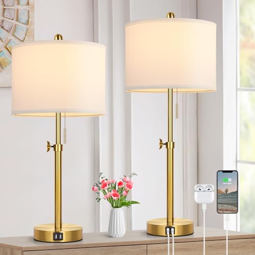 Kondras Table Lamp Set of 2, Bedside Lamp with 2 USB Ports, Gold Tall Table Lamp for Living Room End Tables, 23" to 30" Height Adjustable Lamp for Bedroom, Farmhouse Table Lamps with Pull Chain, E26 - color: Gold(base)-White(shade)