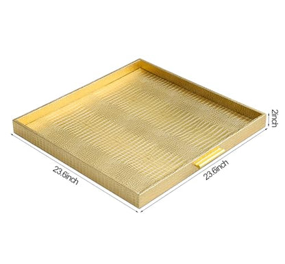 HofferRuffer Extra Large Square Serving Tray, Elegant Faux Leather Ottoman Tray with Gold Hardware Handles, Serve Tea, Coffee or Breakfast in Bed, 24 x 24 inches (Gold, 24" x 24" x 2") - color: Gold, size: 24" x 24" x 2"
