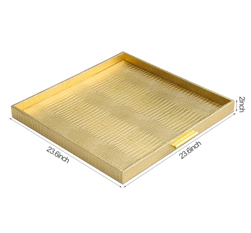 HofferRuffer Extra Large Square Serving Tray, Elegant Faux Leather Ottoman Tray with Gold Hardware Handles, Serve Tea, Coffee or Breakfast in Bed, 24 x 24 inches (Gold, 24" x 24" x 2") - color: Gold, size: 24" x 24" x 2"