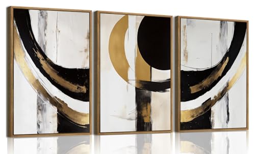 KISSFOX 3 Piece Framed Wall Art Abstract Wall Decor Black Gold Pictures Modern Geometric Canvas Art Large Minimalism Paintings Artwork For Living Room Bedroom Office - color: Black Gold Arc, size: 12x16 In