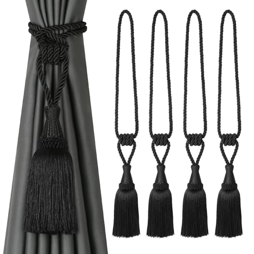 BEL AVENIR 4 Pack Tassel Curtain Tiebacks Handmade Holdbacks (Black) - color: Black, size: 4 Pack