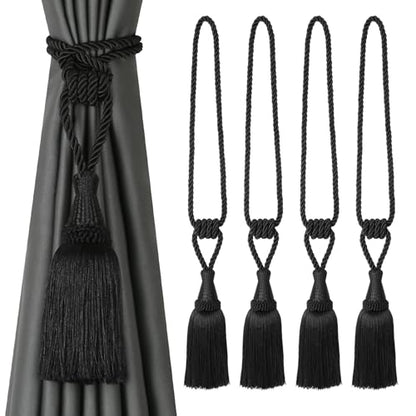 BEL AVENIR 4 Pack Tassel Curtain Tiebacks Handmade Holdbacks (Black) - color: Black, size: 4 Pack