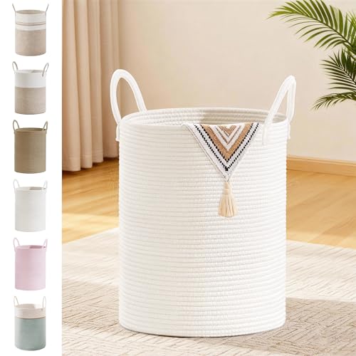 53L Tall Cotton Rope Laundry Basket with Handles, White - color: White, size: 53L