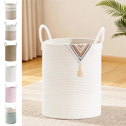 53L Tall Cotton Rope Laundry Basket with Handles, White - color: White, size: 53L