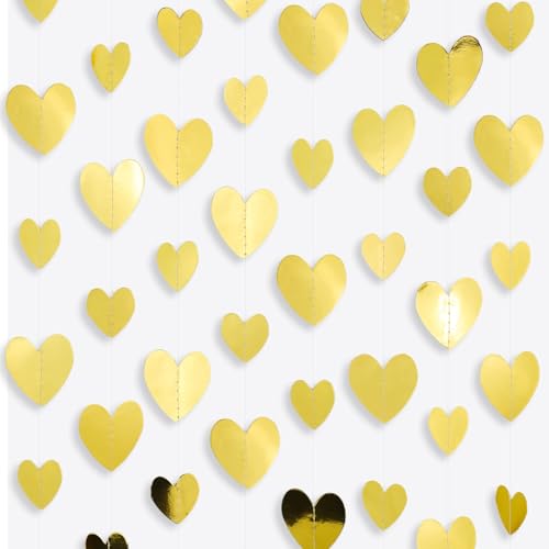 Metallic Gold Heart-Garland Party Streamers Valentines-Decorations - 56ft Glitter Gold Hanging Paper Banner Birthday Sweetheart Baby Shower Galentines Day Photoshoot Props Christmas Decor - color: Metallic Gold