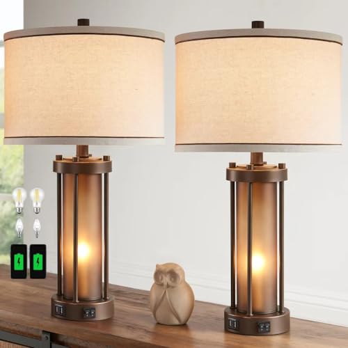Set of 2 Farmhouse Table Lamps for Living Room with 2 USB Charging Ports - color: Brown