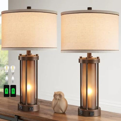 Set of 2 Farmhouse Table Lamps for Living Room with 2 USB Charging Ports - color: Brown