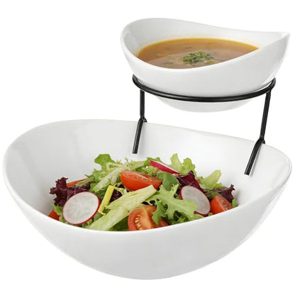 2 Tier Chip and Dip Serving Set, Chip and Dip Bowl with Metal Stand, Large Chip Bowl 45 oz, Small Dip Bowl 7 oz, Ceramic Appetizer Food Display Stand for Parties, Weddings