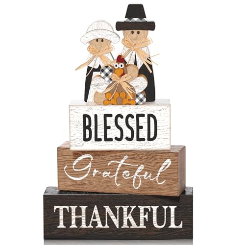 4 Pcs Thanksgiving Decor for Home Pilgrim Couple Wooden Signs with Turkey - style: Pilgrim